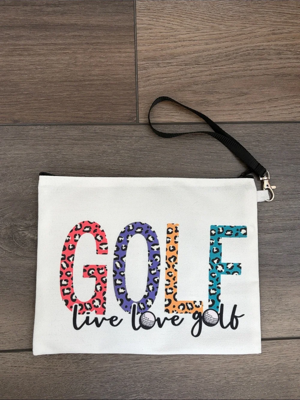 White Cosmetic Pouch with Multicolor Leopard 'GOLF' Print